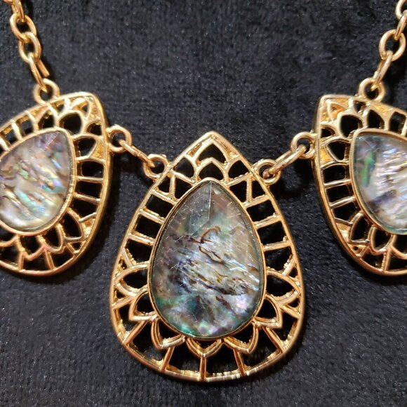 Women Gold Tone Teardrop Labradorite Stone Filigree Medalion Necklace w/ Lobster - Picture 3 of 6